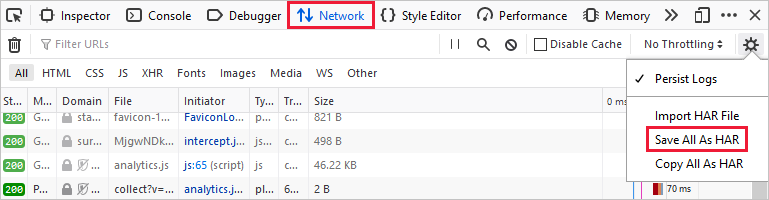 Screenshot of the "Save All As HAR" command on the Network tab.