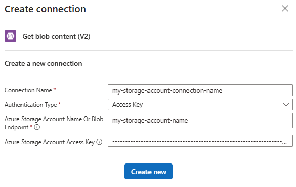 Screenshot showing Consumption workflow, Azure Blob action, and example connection information.