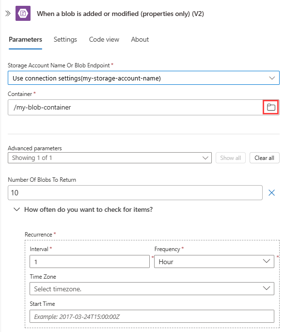 Screenshot showing Consumption workflow with Azure Blob Storage trigger, and example trigger information.