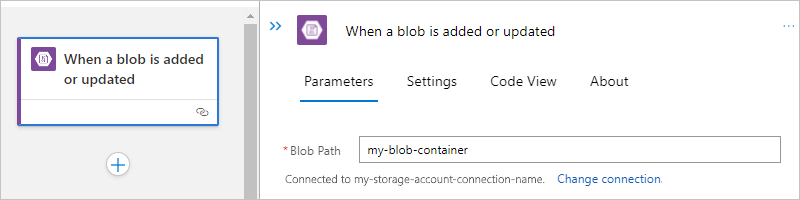 Screenshot showing Standard workflow with Azure Blob built-in trigger set up for root folder.