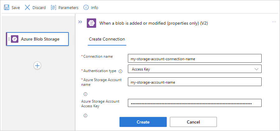 Screenshot showing Standard workflow, Azure Blob managed trigger, and example connection information.