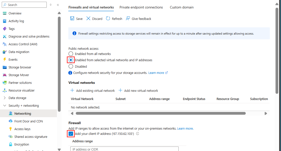 Screenshot of blob storage account networking page in Azure portal, showing firewall settings to add IP addresses and ranges to the allowlist.