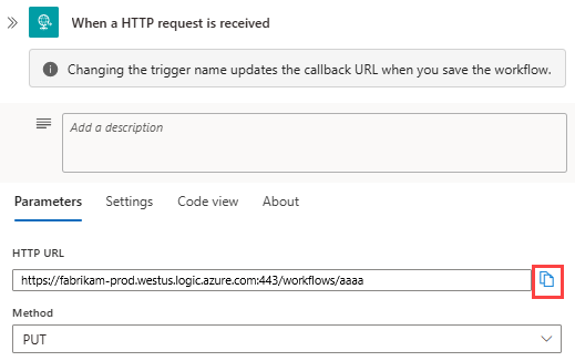 Screenshot showing Standard workflow, Request trigger, and URL copy button selected.