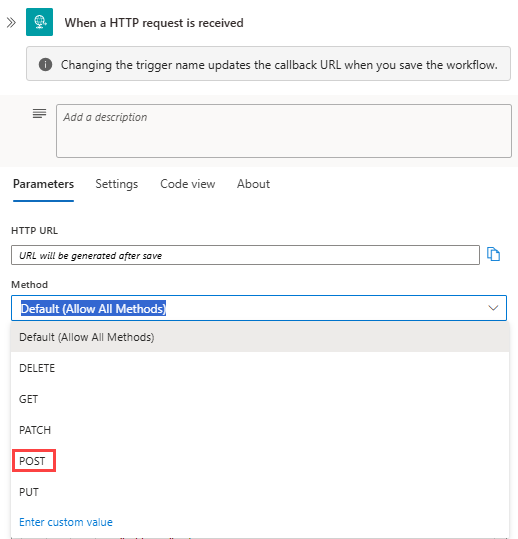 Screenshot showing Standard workflow, Request trigger, and the "Method" list opened with a method selected.