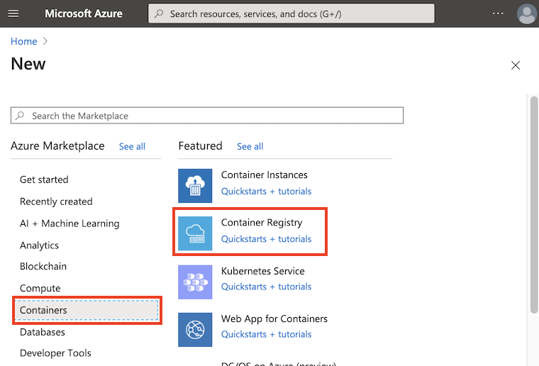 Navigate to container registry in portal