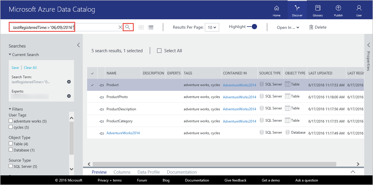 In the search bar last Registered Time : > 06/09/2016 has been entered. The tables Product, Product Category, Product Description have been returned. The S Q L database has also been returned.