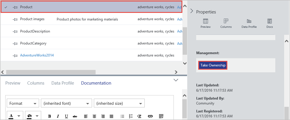 The Product item is selected in the result list, and in the Properties tab, in the Management section, the Take Ownership button is highlighted.