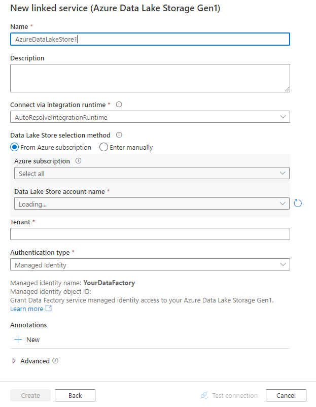 Screenshot of linked service configuration for Azure Data Lake Storage Gen1.