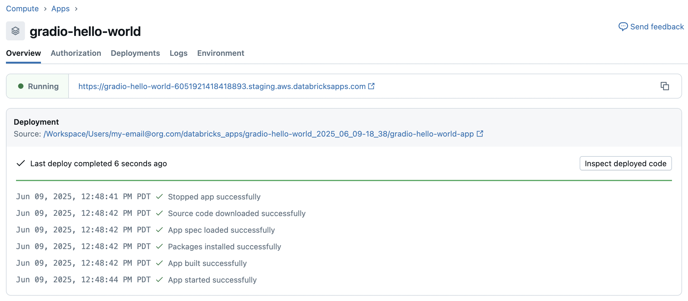 View the app details page after app deployment