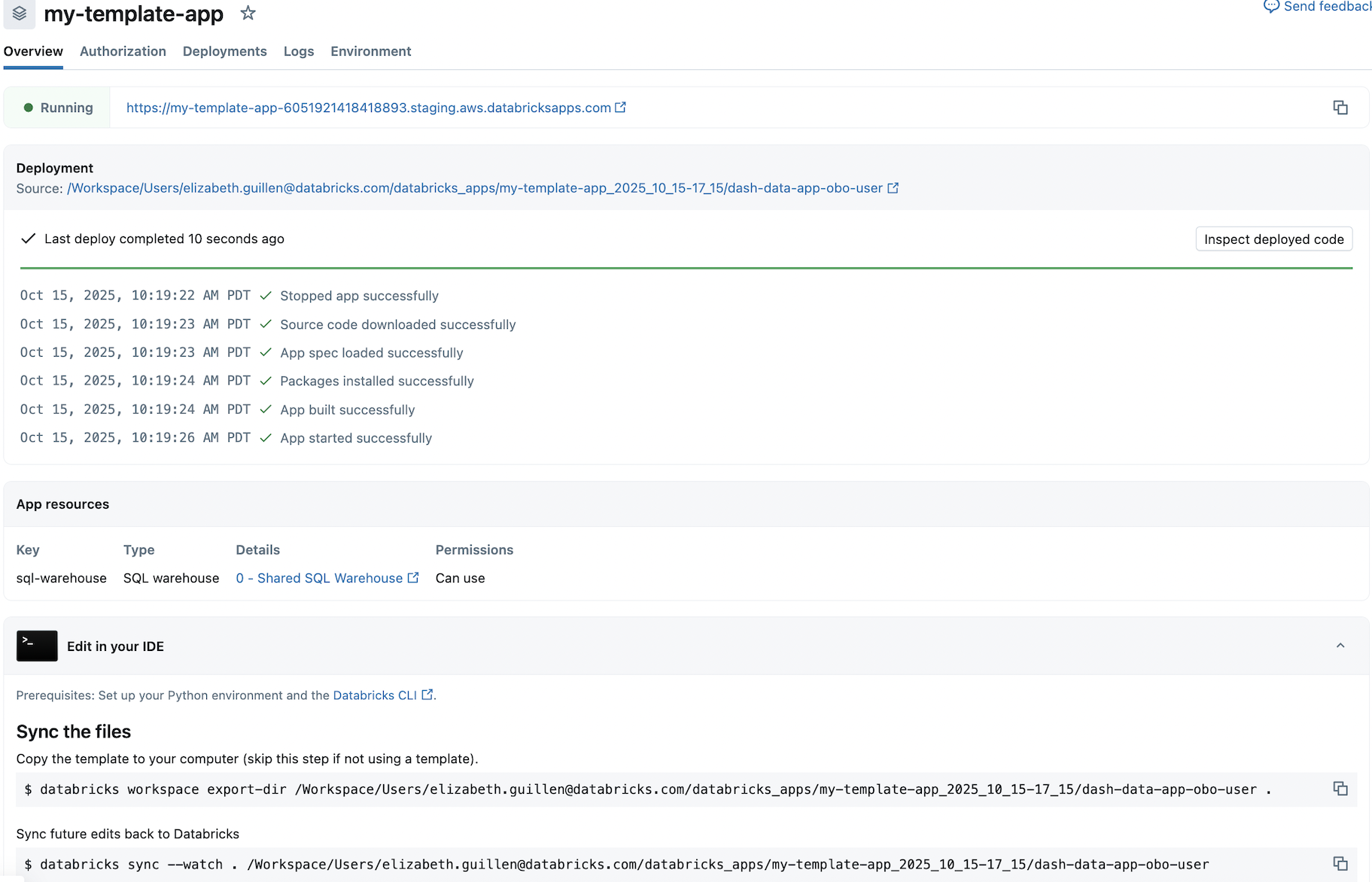 View the details of an app created from a template
