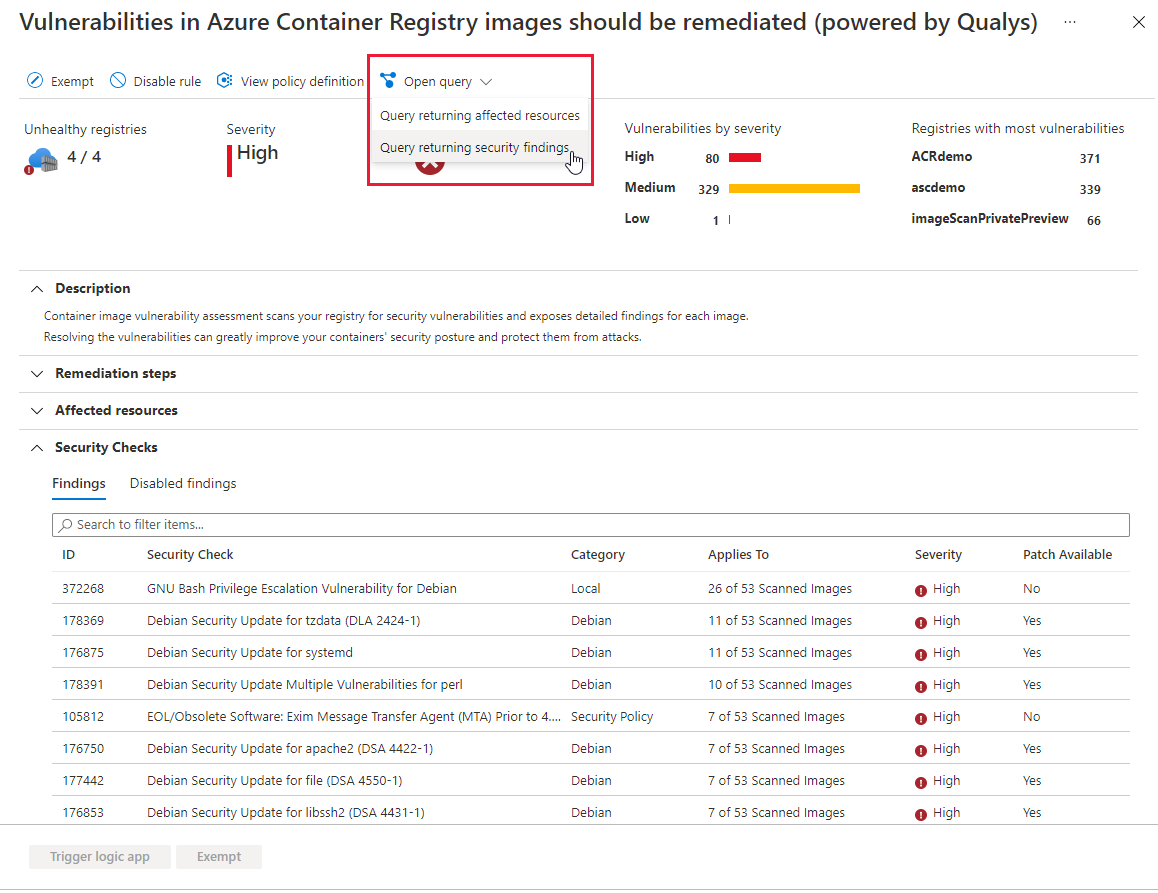 The open query button now offers options for a deeper query showing the security findings for vulnerability scanner-related recommendations.