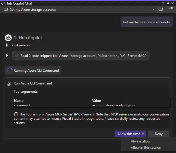 A screenshot showing how to run Azure MCP Server tools in Visual Studio.