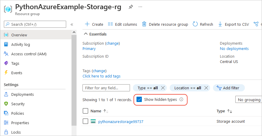 Azure portal page for the new resource group, showing the storage account