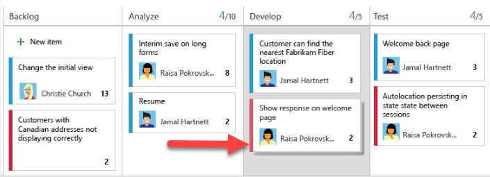 Screenshot that shows dragging an item from the Analyze column to the Develop column.