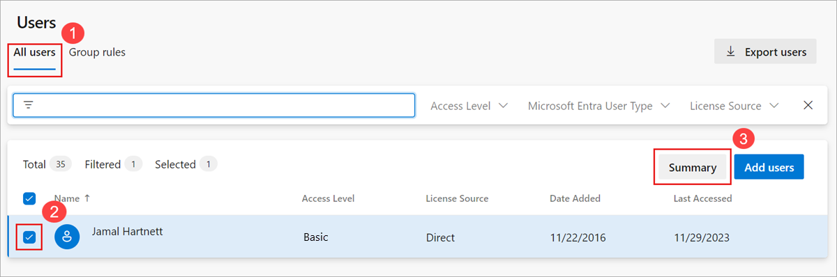 Screenshot showing verification of user summary for group rule.