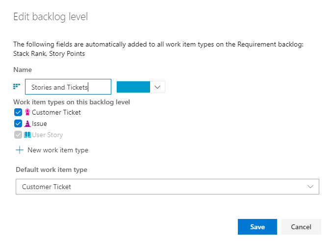 On Edit backlog, Stories and Tickets is entered in Name, and there is a list of work item types for this backlog level.