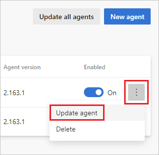 Screenshot that shows how to select Update agent.