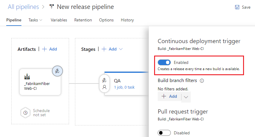 Select lightning bolt to trigger continuous deployment