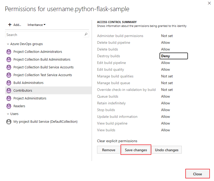 Screenshot of pipeline security dialog.