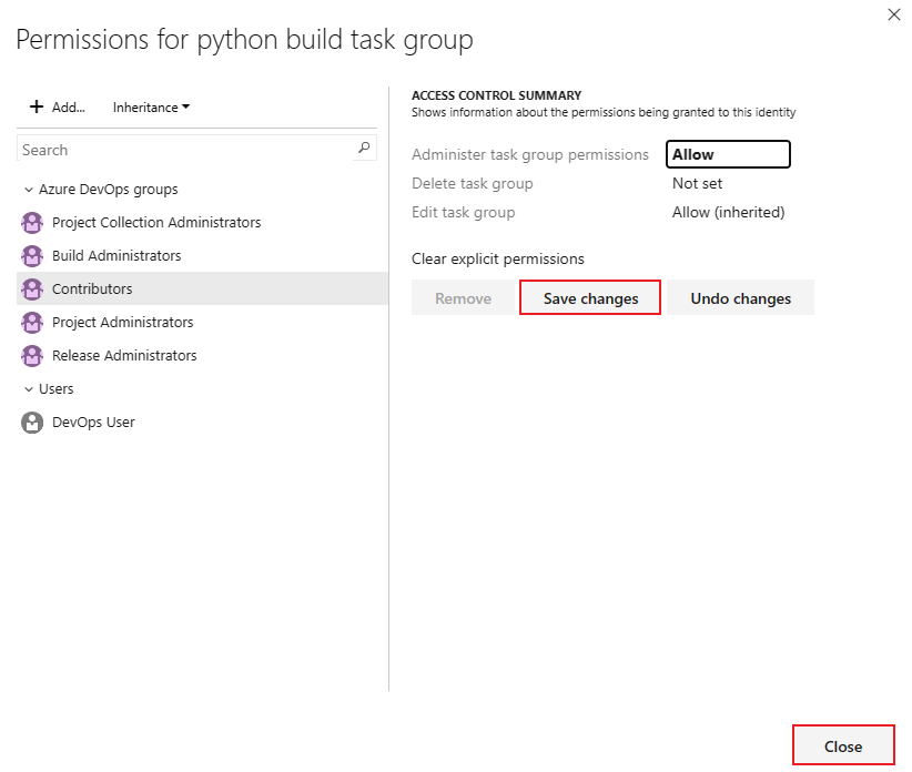 Screenshot of object-level task group security dialog.