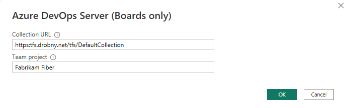 Screenshot of Power BI, Dialog to enter Azure DevOps Project Collection and project name.