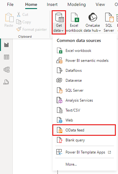 Screenshot that shows the Power BI OData feed command.