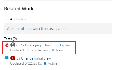 Screenshot shows the Related Work section of a work item to view bugs filed for that test.