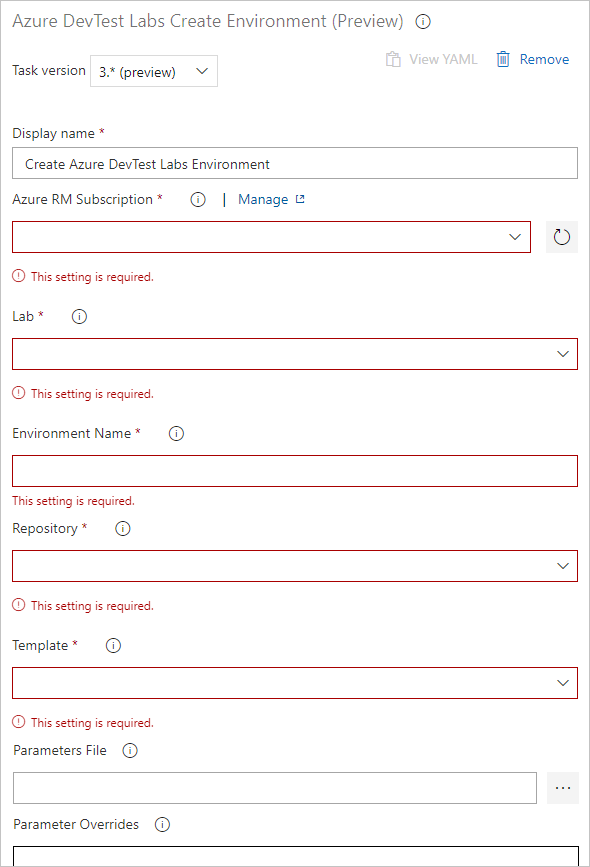 Screenshot shows the fields needed for Azure Pipelines environment for Azure DevTest Labs.