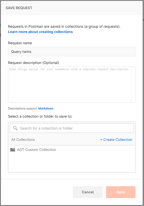 Screenshot of 'Save request' window in Postman showing the fields described. The 'Save to Azure Digital Twins collection' button is highlighted.