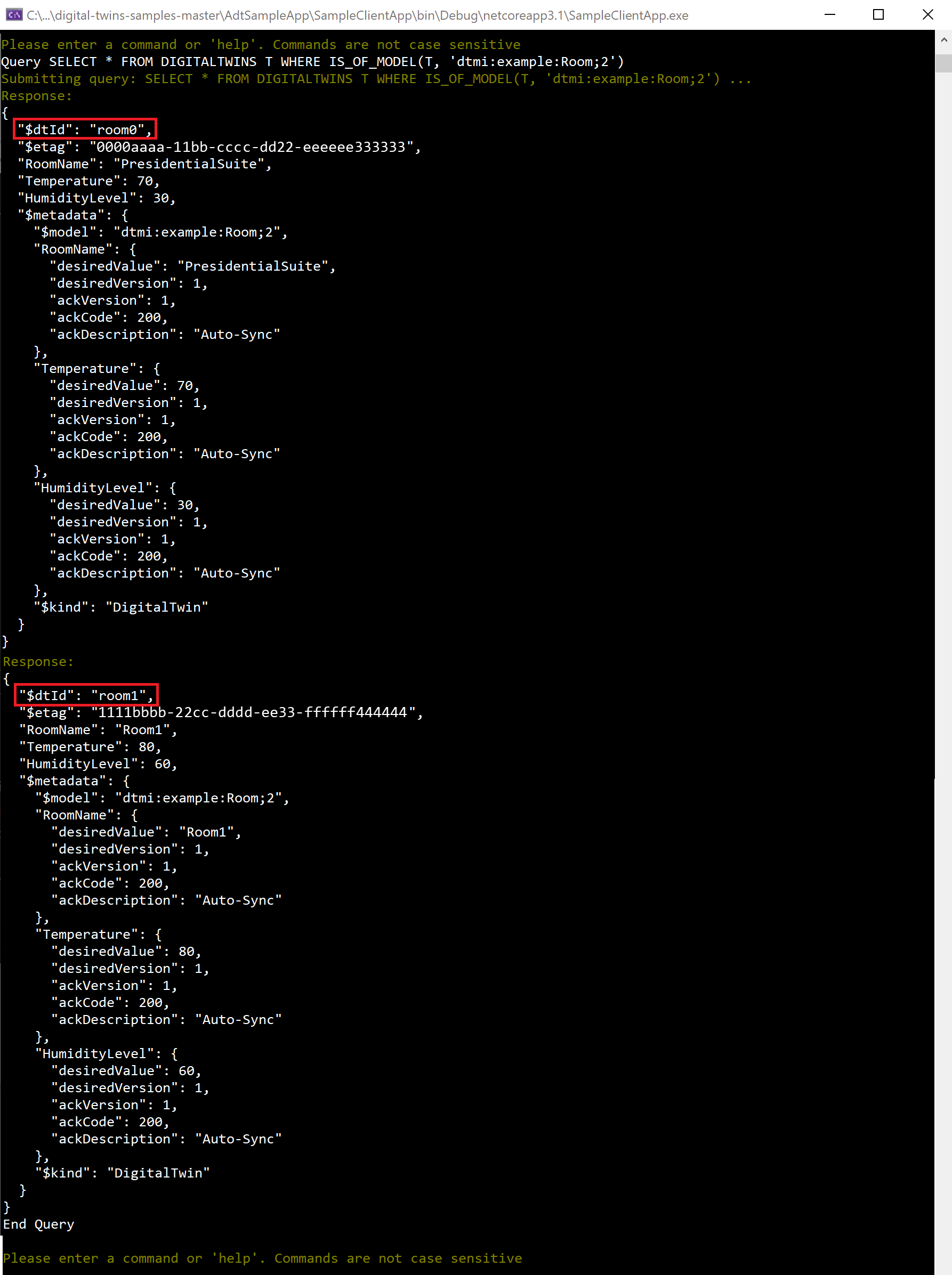 Screenshot of the result from the model query, showing only room0 and room1.