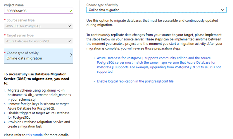 Create Database Migration Service Project