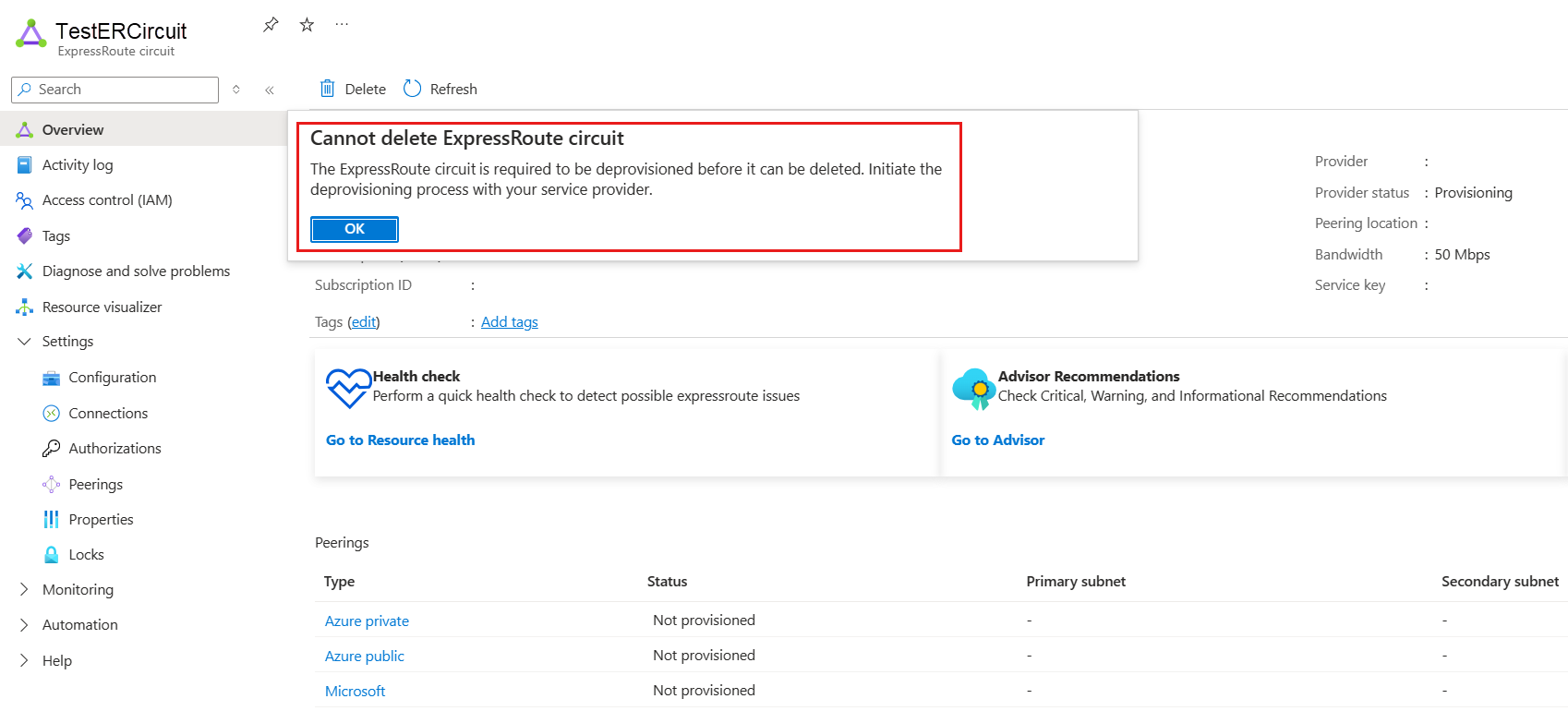 Screenshot of deprovisioning the ExpressRoute circuit.