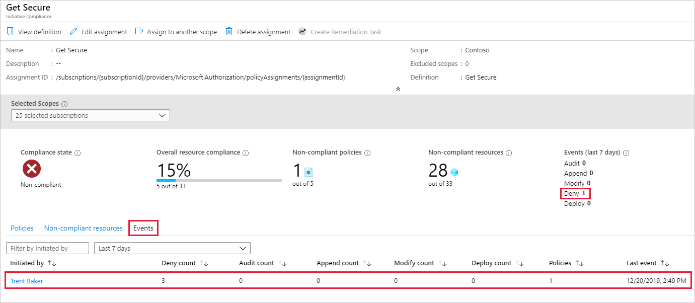 Screenshot of the Events tab and policy event details on the Initiative compliance page.