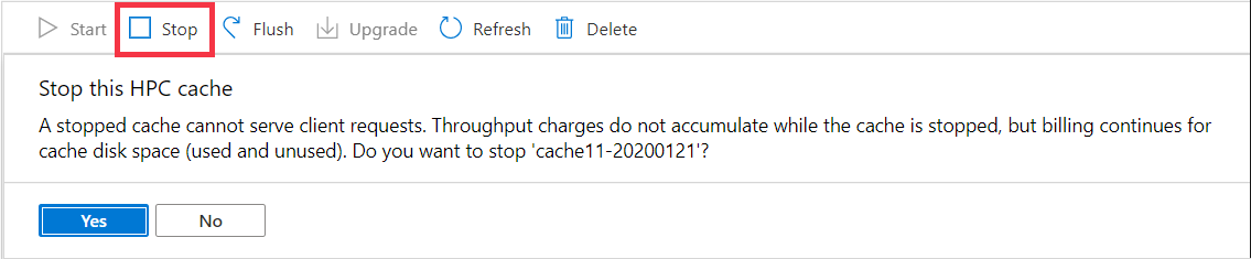 screenshot of the top buttons with Stop highlighted and a pop-up message describing the stop action and asking 'do you want to continue?' with Yes (default) and No buttons