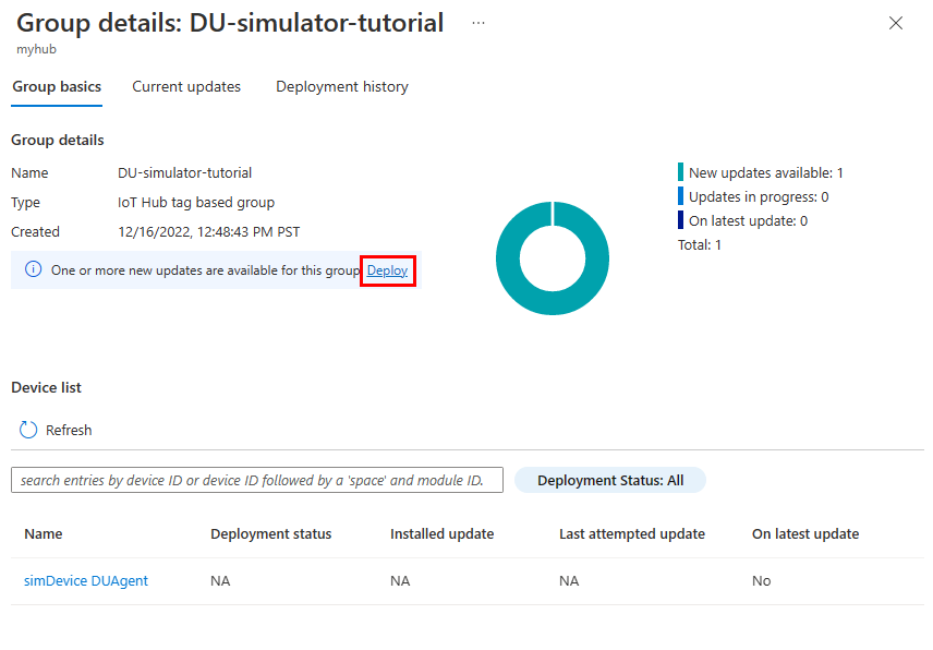 Screenshot that shows starting a group update deployment.