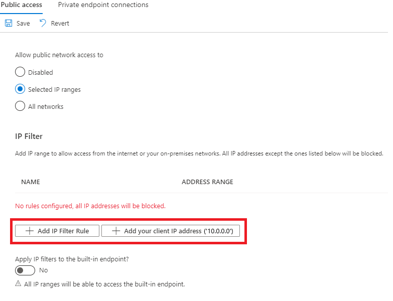 Screenshot showing how to add an IP filter rule to an IoT hub.