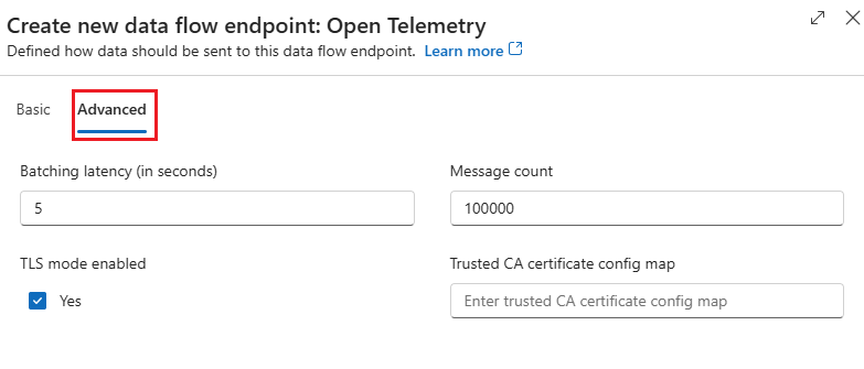 Screenshot of the operations experience interface showing the advanced tab in create a new OpenTelemetry endpoint.
