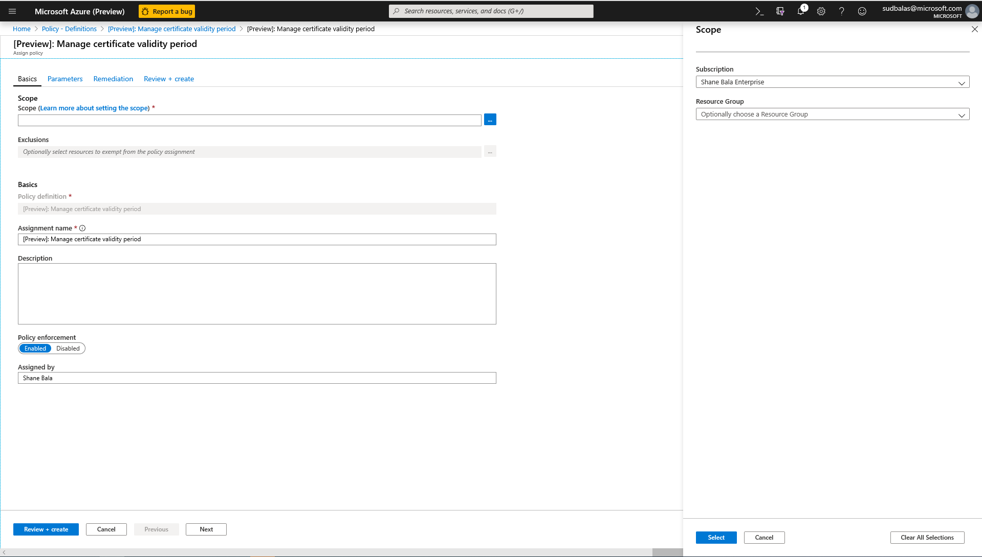 Screenshot that shows where you can choose to restrict the scope to only a single resource group within a subscription.