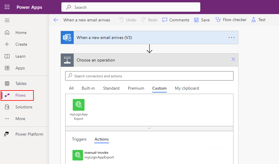 Screenshot shows Power Apps flow editor with a new operation added for custom connector and available actions.