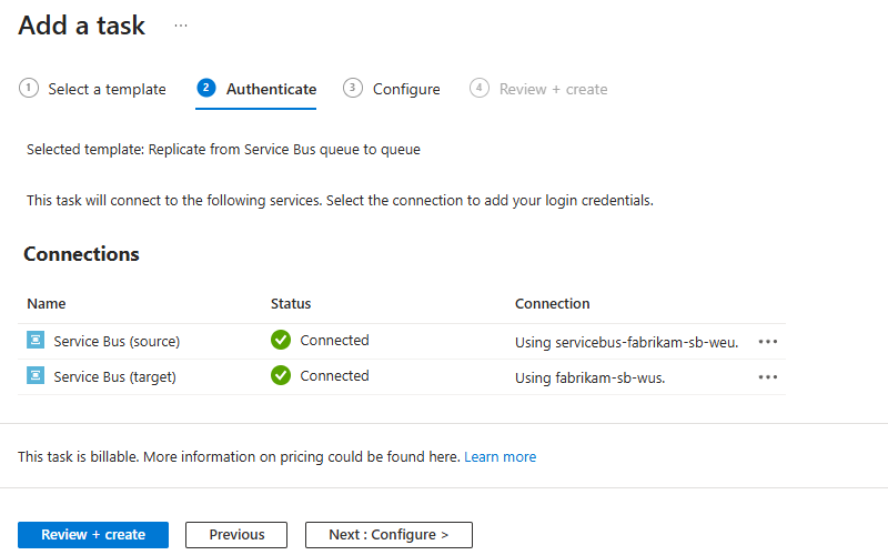 Screenshot showing "Add a task" pane with finished connection to Service Bus namespace.