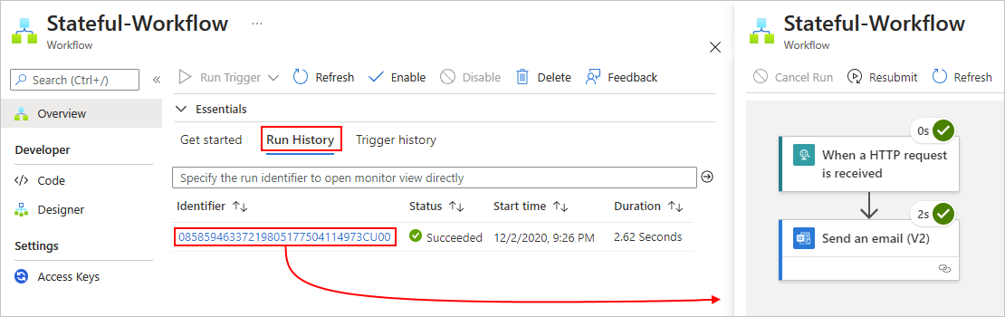 Screenshot shows run details view with the status for each step in the workflow.