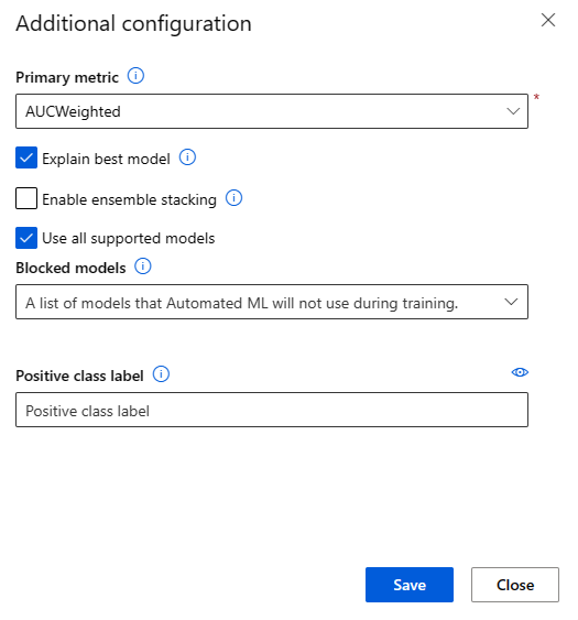 Screenshot showing the Automated ML job configuration page with Explain best model selected.