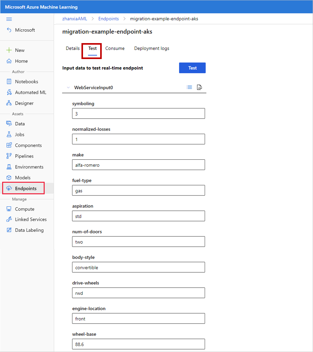 Screenshot showing the Endpoints tab with the Test endpoint button