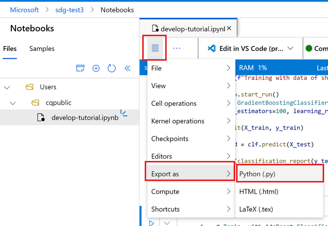 Screenshot shows exporting a Python file from the notebook.