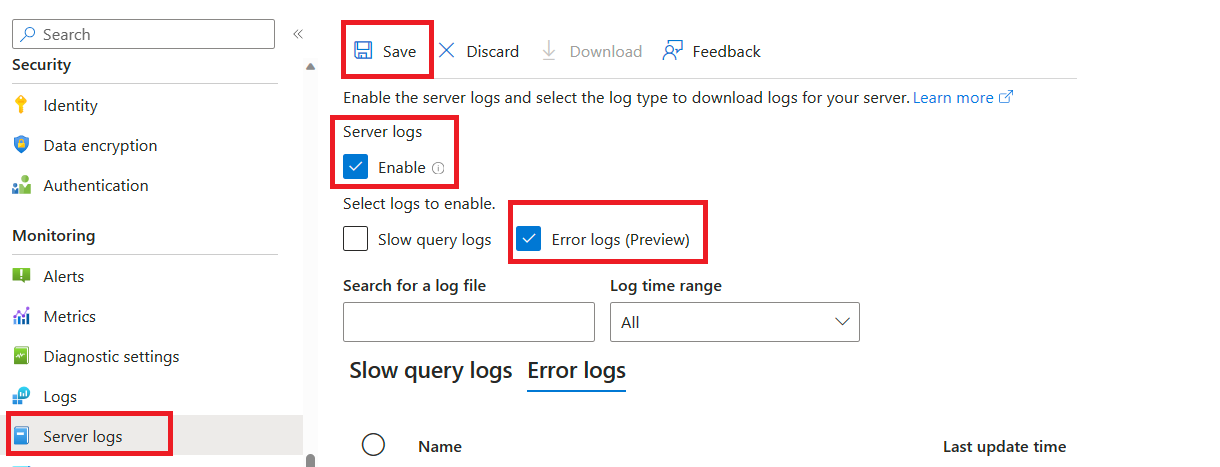 Screenshot of portal view showing Error Logs - Enable.