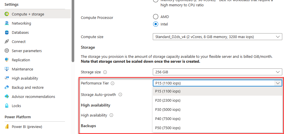 Screenshot that shows performance tier drop-down 2.