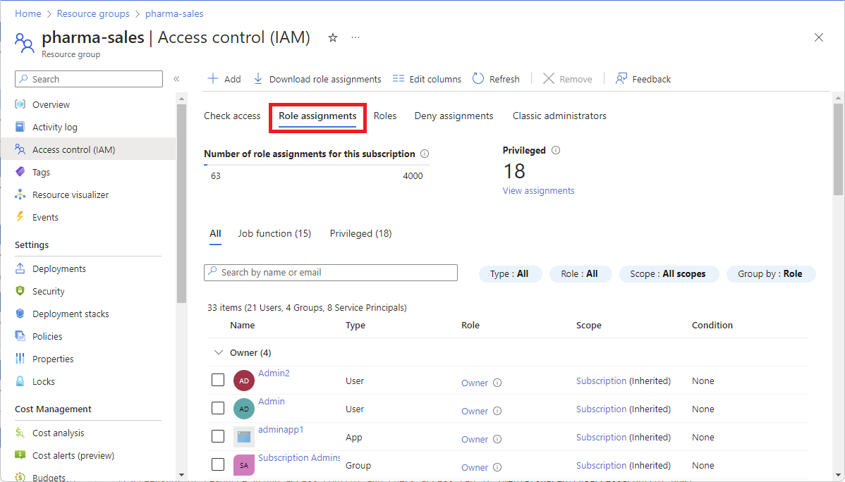 Screenshot of Access control and Role assignments tab.