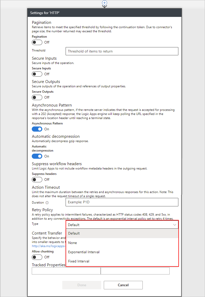 Screenshot showing the selected "Default" retry policy.