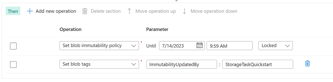 Screenshot of the Then operation which sets a blob index tag.