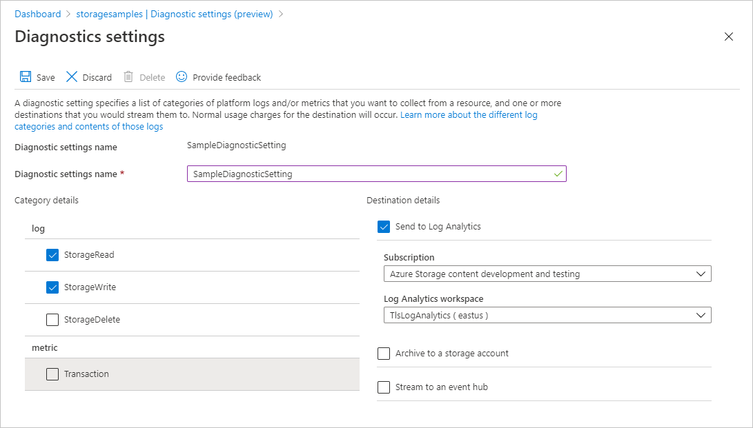 Screenshot showing how to create a diagnostic setting for logging requests